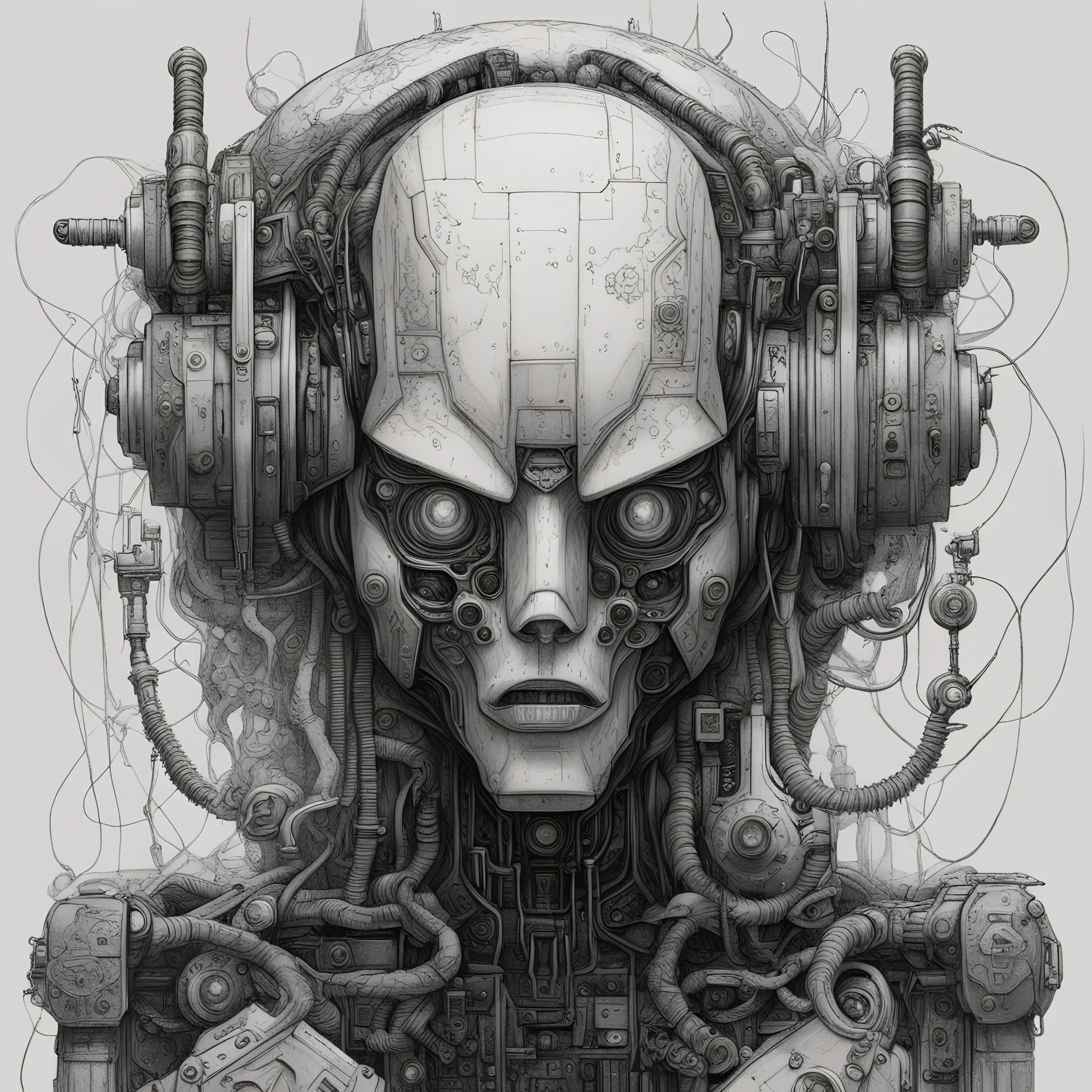 a black and white drawing of a robot, a detailed drawing, by Todd Lockwood, synthetic maw, david kassan, intricate oil details, visible head, pastel, 4k. detailed drawing, bo xun ling, intricate wiring, azathoth, yanjun chengt, ellen jewett, no type --v 5, shot with Sony Alpha a9 Il and Sony FE 200-600mm f/5.6-6.3 G OSS lens, natural light, hyper realistic photograph, ultra detailed -ar 3:2 -q 2 -s 750