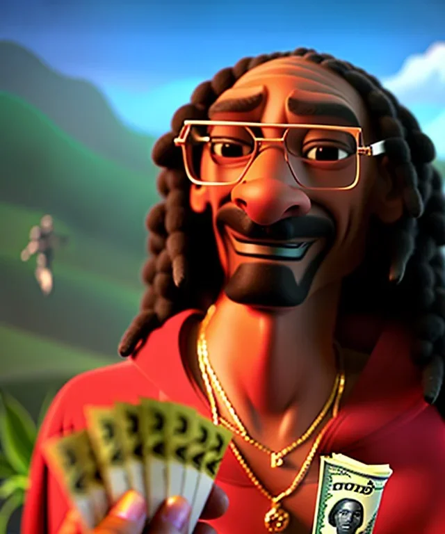 Snoop Dogg, cigar with dollars burning, jungle background, hyper realistic