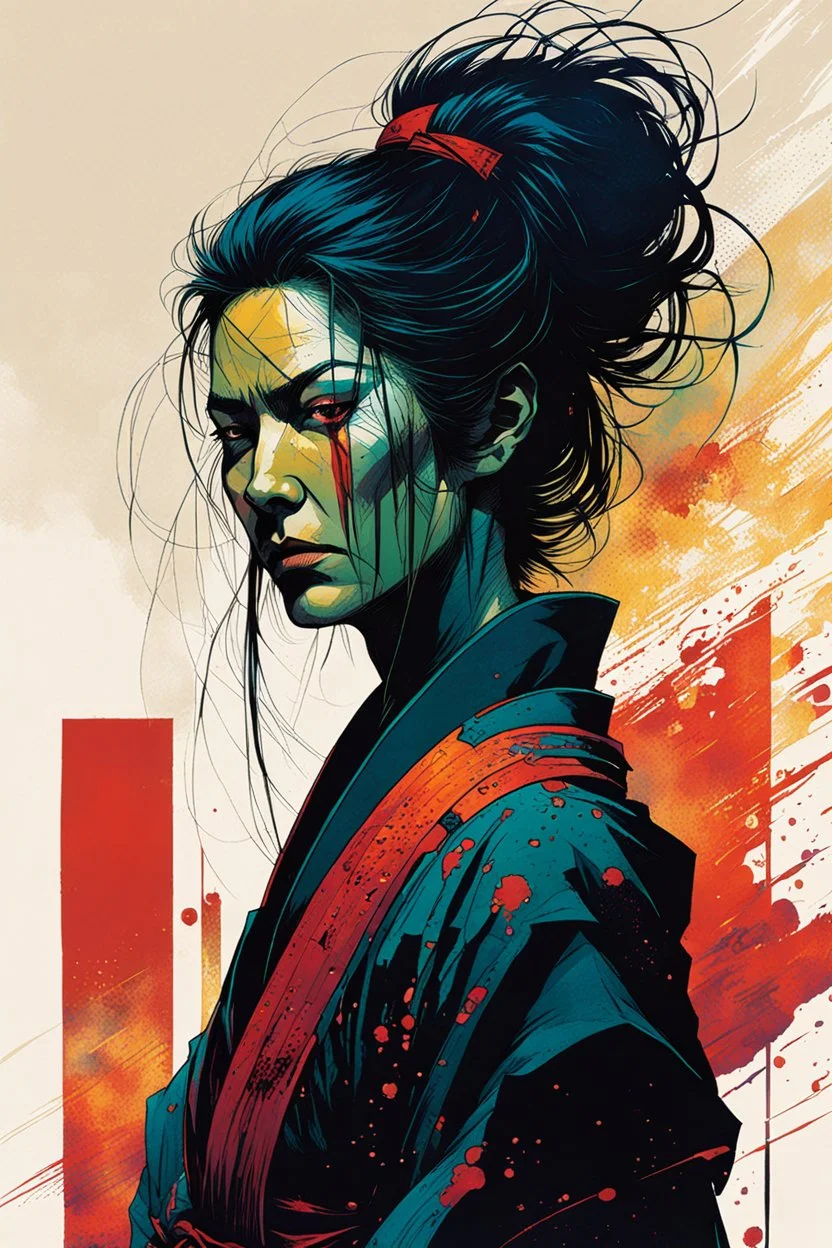 create an imaginative print illustration of an ethereal, otherworldly gaunt and withered ancient female ronin samurai vampire , in the comic book art style of Bill Sienkiewicz, Mike Mignola, and Jean Giraud Moebius, with highly detailed feminine facial features