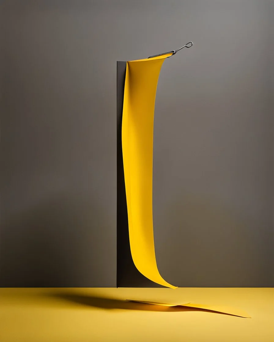 vertically split image in 2 vertical half. In the left half, a large black (paper clip) stands in the middle of solid warm yellow background; in the right half. a large sheet of warm yellow paper is falling in front of solid dark warm grey background