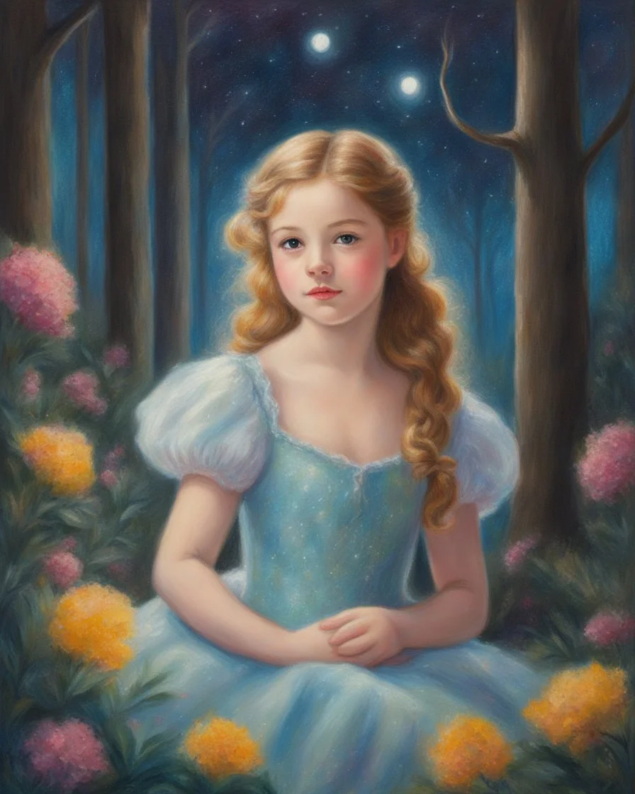 Oil pastel painting of a beautiful girl in a dreamy forest, beautiful portrait painting, Anne Shirley, dress with puffy sleeves, glow, sparkles, oil pastel painting, inspired by Thomas Kinkade, detailed oil pastel painting, beautiful flowers, dream, pretty face, fantasy art, moonlight, young girl, fairy, fine detail, dynamic, colorful oil pastel painting, vibrant painting