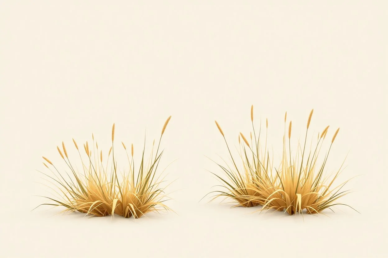 Isolated concept art of low poly stylized alien dry grass on a plain neutral background. Simple low-poly design with minimal details