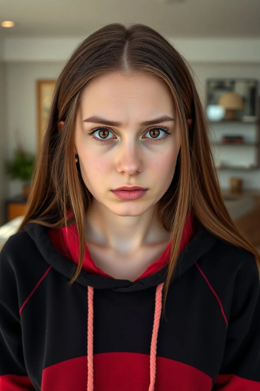 A portrait shot of an anxious woman in her 20s with long brown hair, red eyes, pale skin, wearing a long-sleeved black and red hoodie, semi-realistic style, modern living room background