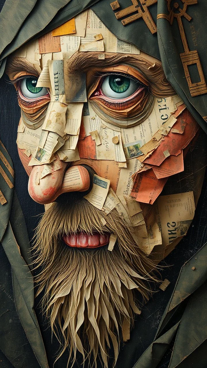 Bosch style painting , A face in details . The texture of the face is a collage of many peace’s of newspaper parts