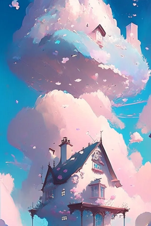 A whimsical dwelling delicately constructed entirely of real clouds evocative of a dreamy landscape floating somewhere between heaven and earth, Dreamy, Pastel colors, Vibrant lighting, Highly detailed, Digital painting, Artstation, Concept art, Magical, Sparkling, Enchanting, art by victoria skitt, pascal campion, Loish, Trending on deviantart.