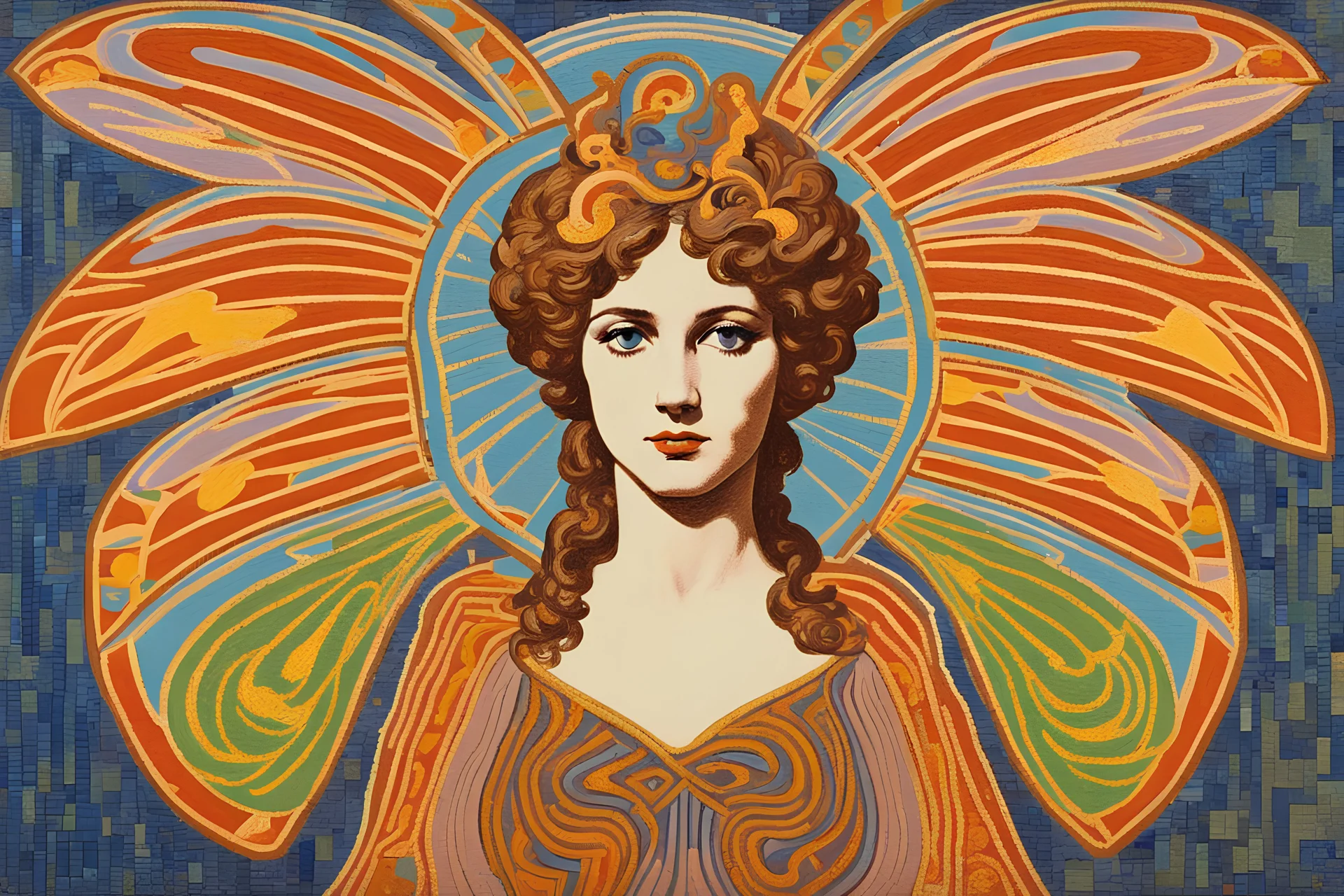 colorful psychedelic painting of ancient god psyche depicted in ancient mosaic art as a butterfly-winged woman by andy warhol