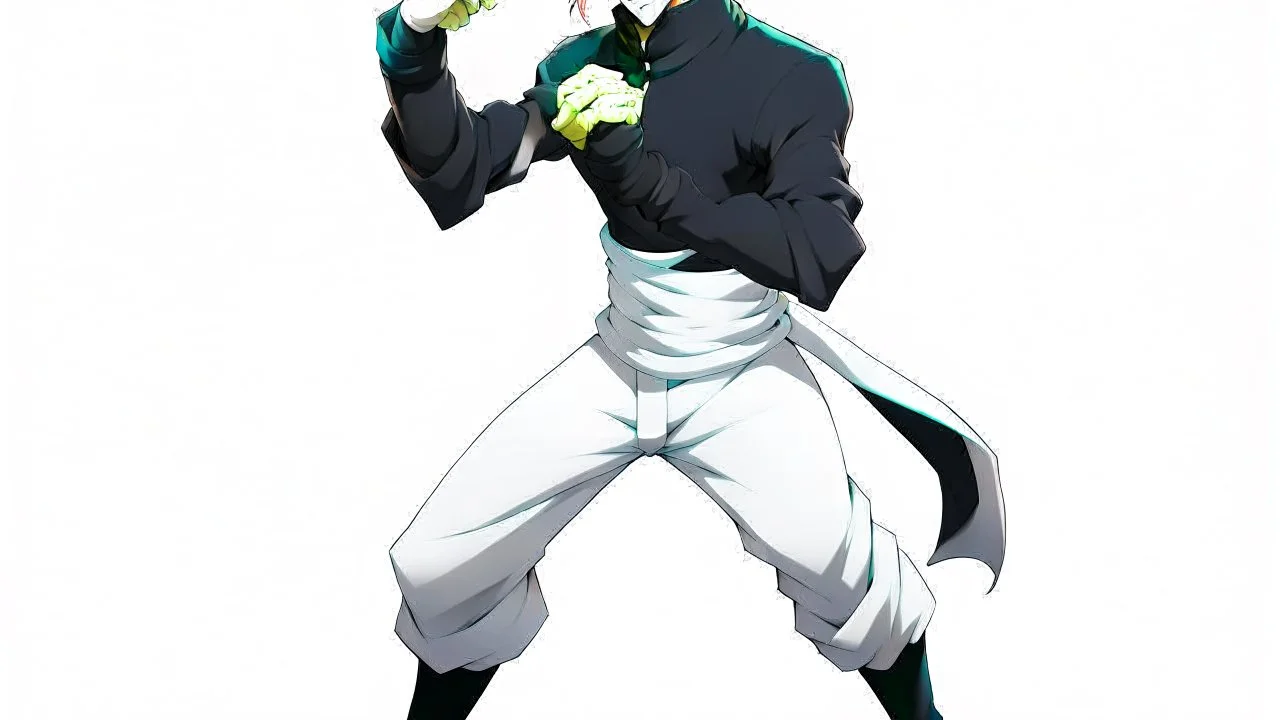 Satoru Gojo is a young guy white hair blue eyes black turtleneck without arms white loose pants in a defensive pose