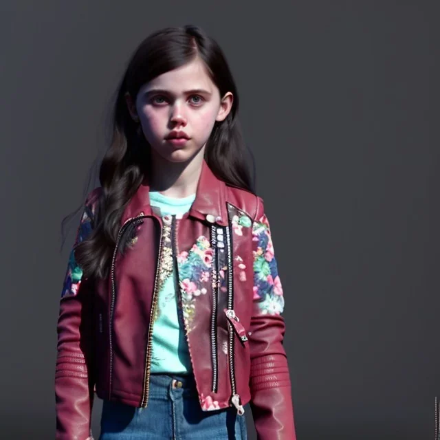 Margaret Qualley toddler, full body, leather jacket, floral shirt, floral skirt, shoe, soft skin, city background, dramatic lighting, hyper realistic