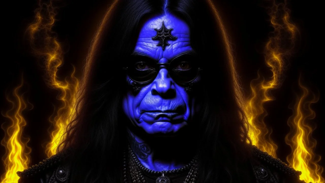 Terminator ozzy osbourne 4k full detail, realistic, émission radio hardrock pentagram firestarter tribute to Black sabbath flammes en fond