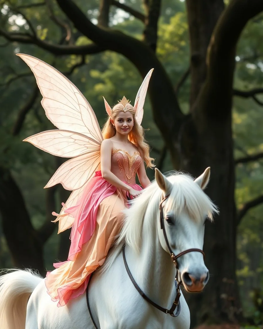 Beautiful princess Elf Fairy wings adorned she on riding white unicorn horse,beautiful forest giant trees oaks background