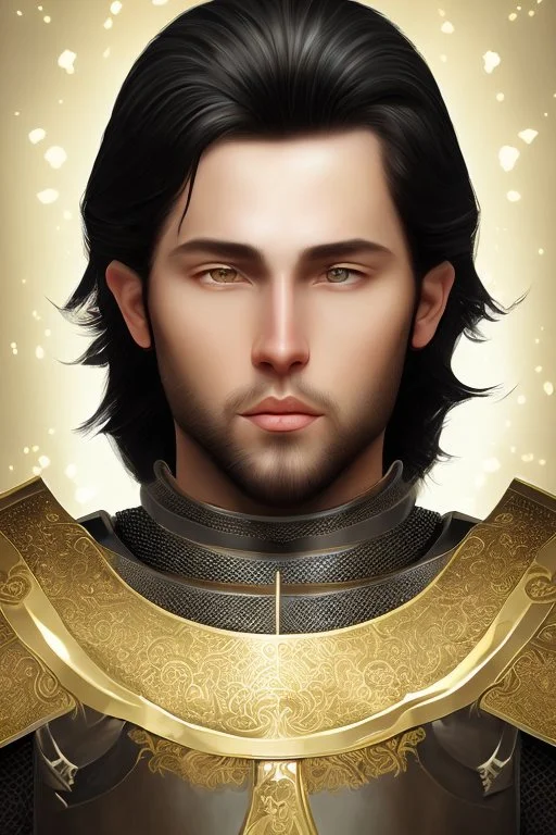 A handsome 30 year old knight, black hair, male bob haircut, in black-and-gold plate armor, golden katana in both hands, no beard, european