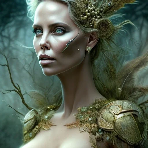 Charlize Theron and Angelina Jolie, woolitize, rusty metal, feathers, Dryad, fae, sidhe, ominous, nature, plants, wildflower, facepaint, dnd character portrait, intricate, oil on canvas, masterpiece, expert, insanely detailed, 4k resolution, retroanime style, cute big circular reflective eyes, cinematic smooth, intricate detail , soft smooth lighting, soft pastel colors, painted Renaissance style