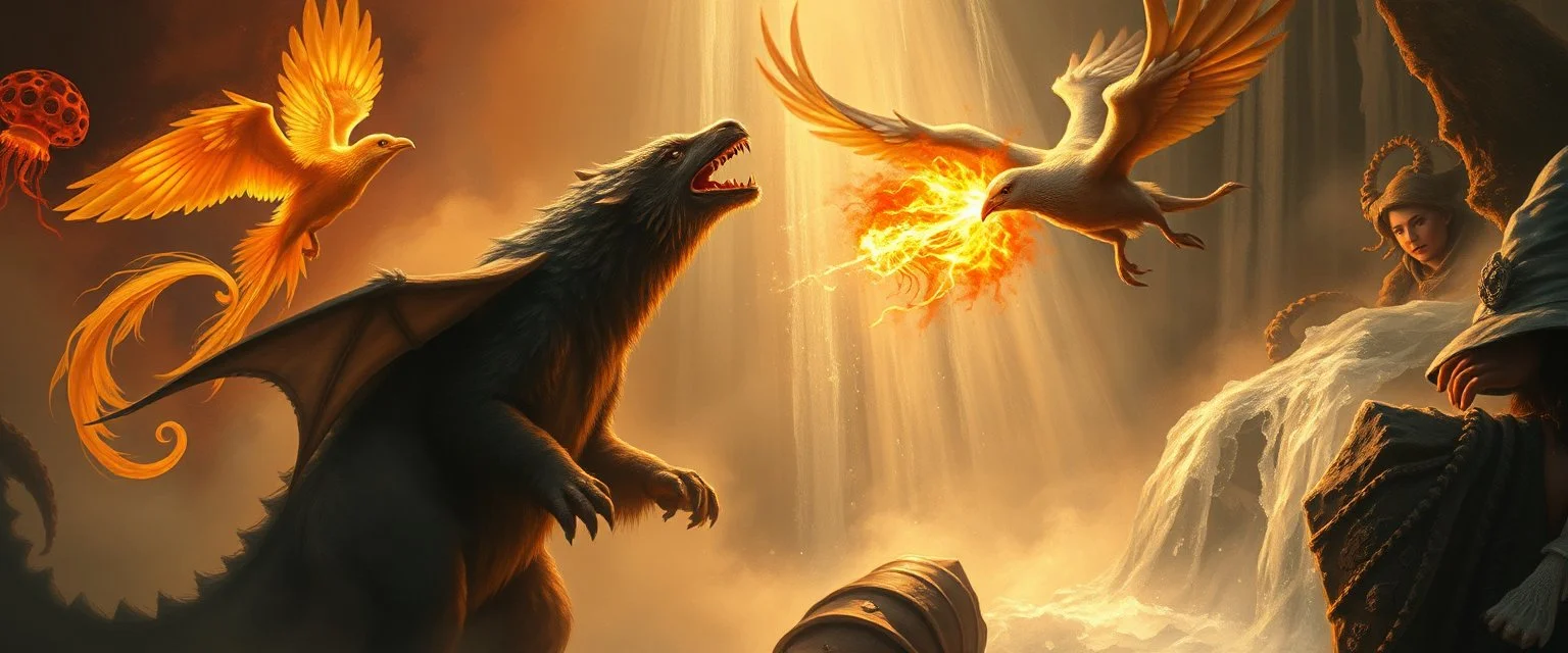 fire smoke and fog and light rays, phoenix jellyfish octopus bird witch bear dragon in icy waterfall looks beyond really powerful slapping a bird in the face with fire, fantasy illustration, in the style of Rembrandt