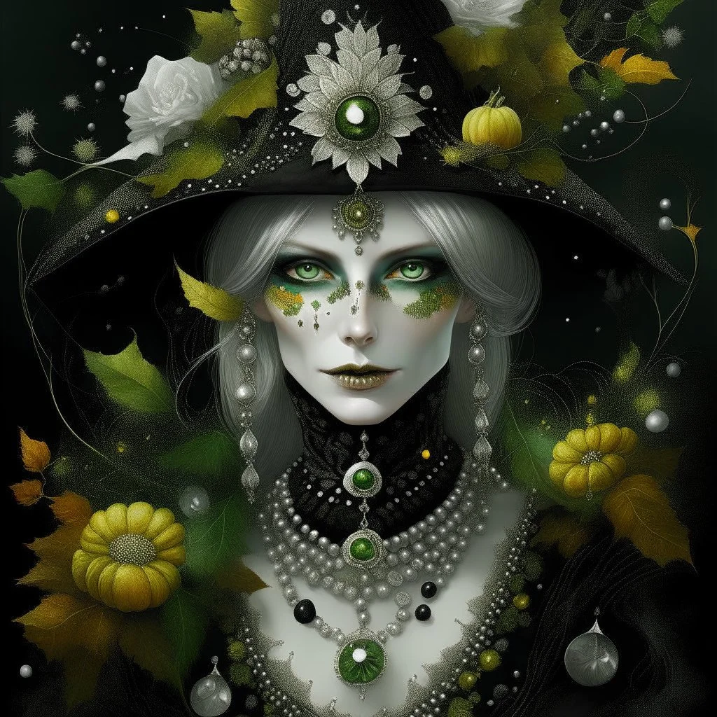 Beautiful silver and black and green witch woman portrait adorned with bioluminescense Halloween yellow white and green and black beads, pearls white dust pumpkin, frogs, spidere on the hat headdress, , wearing bronze autumn leaves textured black floral textured bioluminescense witch witch costume organic bio spinal ribbed detail of ornate bioluminescence bronze autumn white floral background extremely detailed hyperrealistic concept ar