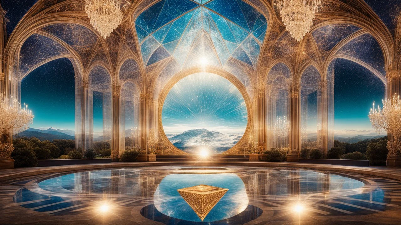 geometric montage, relaxation, luxury, parabolic dream world, enchanted, calm beauty, symmetry, crystalline fantasy world, magic, beautiful composition, exquisite detail, unusual, 80mm lens