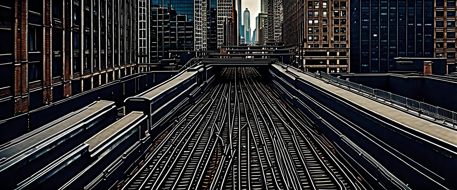 isometric cinematography, highrise subway tracks in downtown chicago, photorealistic satallite photo, muted colors, awardwinning perspective --ar 21:9 --style raw