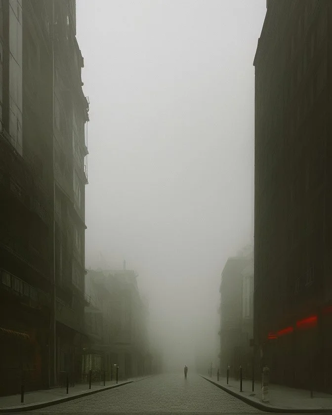 Dark street life creepy fog colours strong texture nightmare 8k artistic Photography volumetric light, Yves Tanguy Max Ernst Gustav Klimt