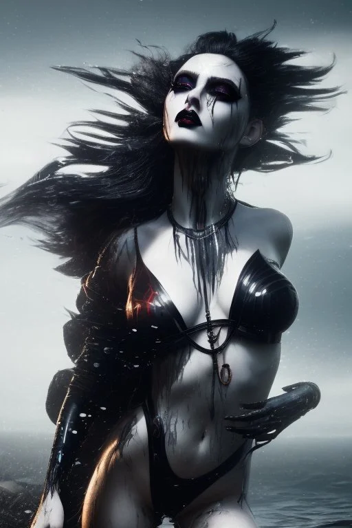 A beautiful Goth girl, dark black makeup, dark under eyes, white hair, action image of her braking water surface, freedom, dramatic, highly detailed, 8k, abstract