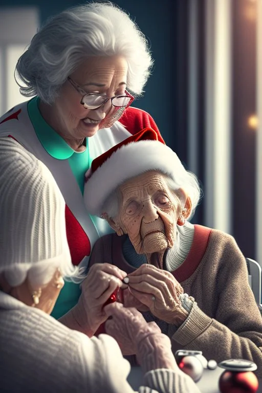 A heartwarming close-up photo of a young nurse helping an elderly person decorate a Christmas tree. Intricate details, 4k, realistic