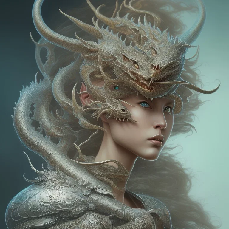 sango fantasy, fantasy magic, intricate, sharp focus, illustration, highly detailed, digital painting, concept art, matte, artgerm and paul lewin and kehinde wiley, masterpiece silver dragon head bronze Asian African nice breast Afo woman turquoise snow waves