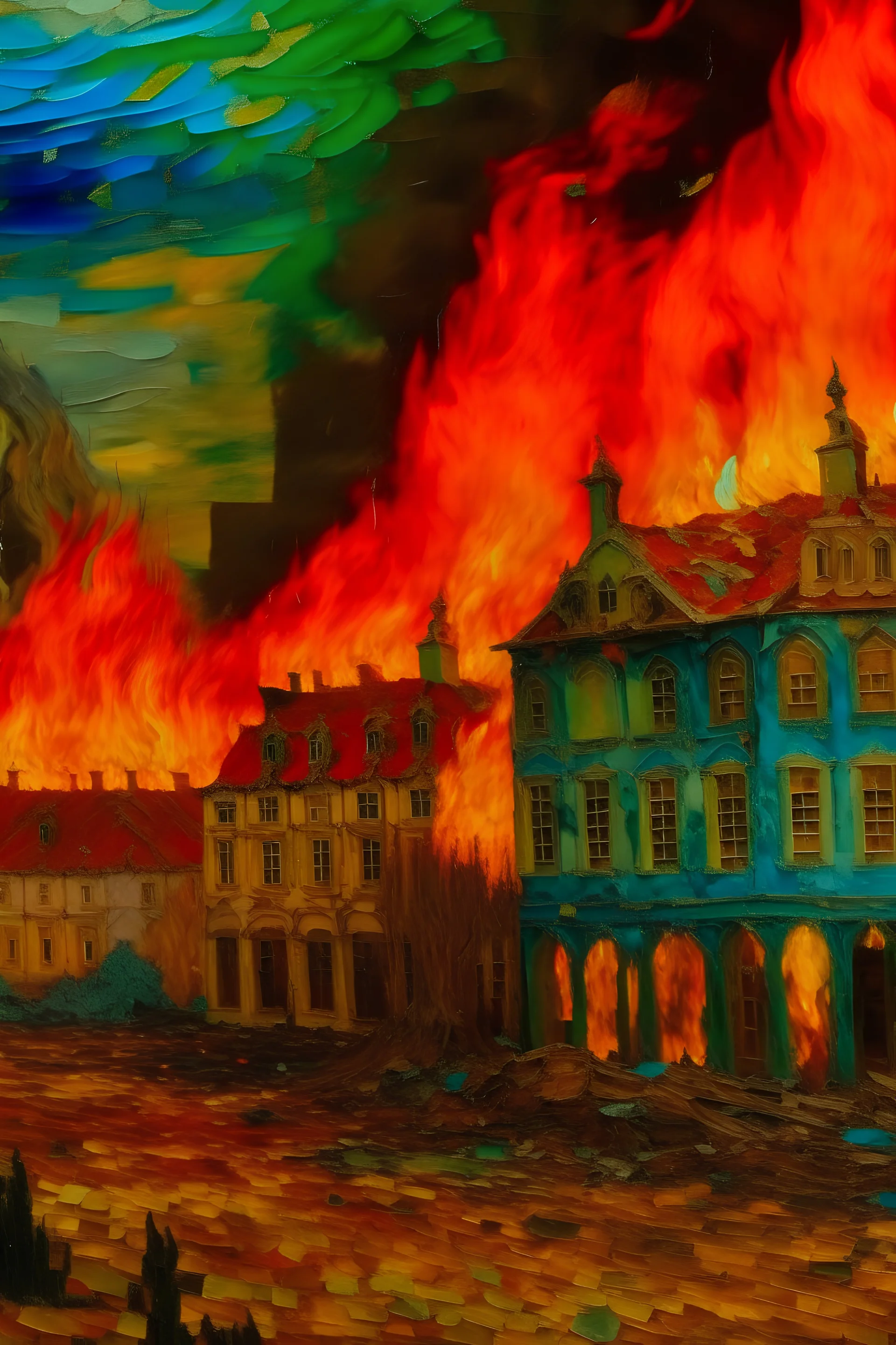 A close-up view of a burning palastine and destroyed buildings in the colors of Van Gogh's paintings