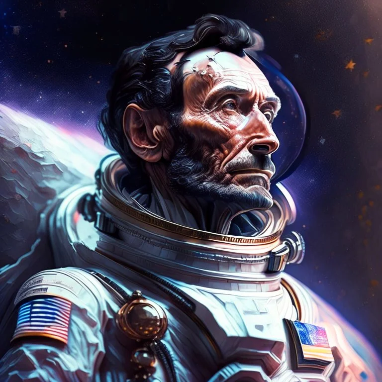 Portrait of Abraham Lincoln in a space suit in the style of Jim Lee and Paul Hedley, Gabriel Testino, 8k, cinematic, ultra hd, sharp focus