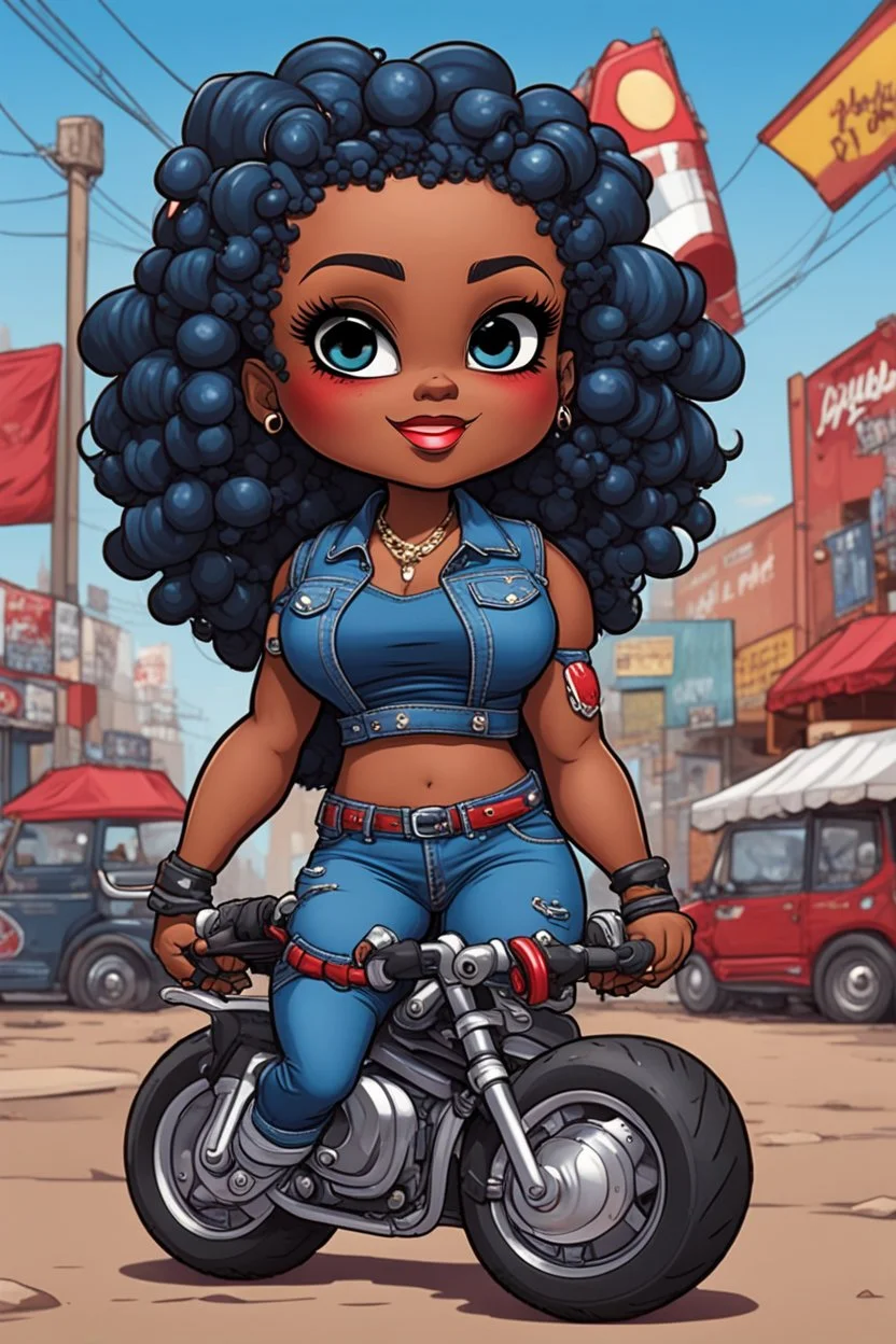 comic book art illustration of the chibi cartoon character, a voluptuous black female in a blue jean outfit with biker boots. Her prominent makeup and hazel eyes, along with her detailed red bantu knots, are featured in this image, set against the background of a lively bike show.