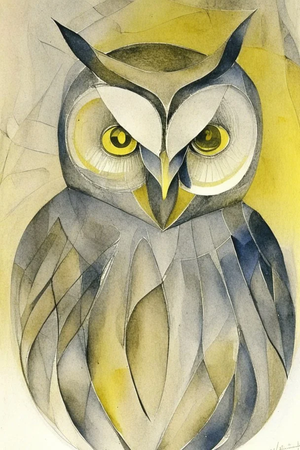 abstract watercolour of an owl by barbara hepworth and paul klee in gold and grey