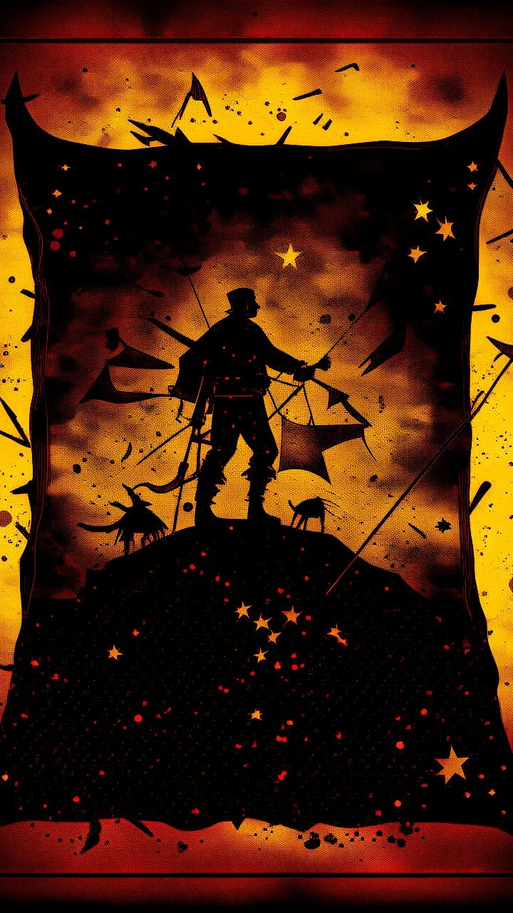 A poster made out of old leather cover and cracks , Bosch painting style, a shadow of creature with flag of pirates in hand looking up to the stars