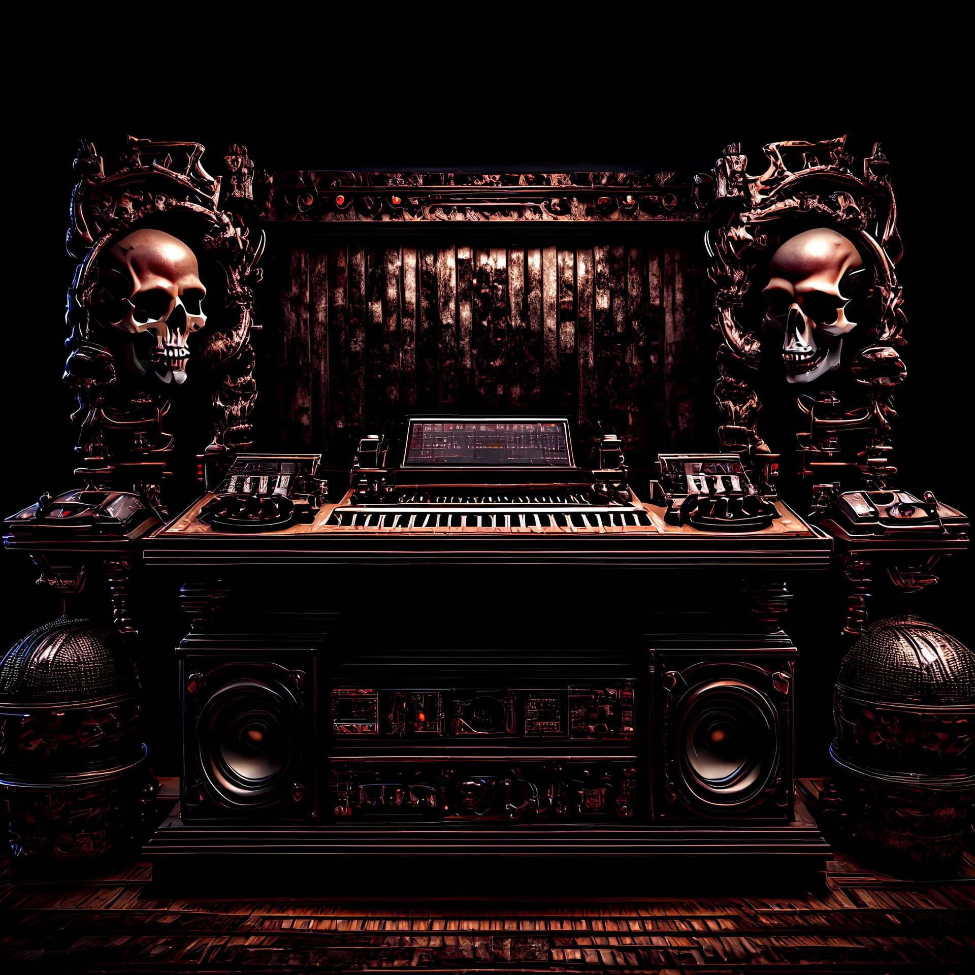 DJ of the damnded, insanely detailed DJ booth in hell, MID set, speakers and equipment made of bone, anatomically correct, add more skulls in th audience, photorealism, vray, 8k 3d https://stablecog.com/generate?o=a67b60e0-edd2-418d-9744-d1d585055d7f