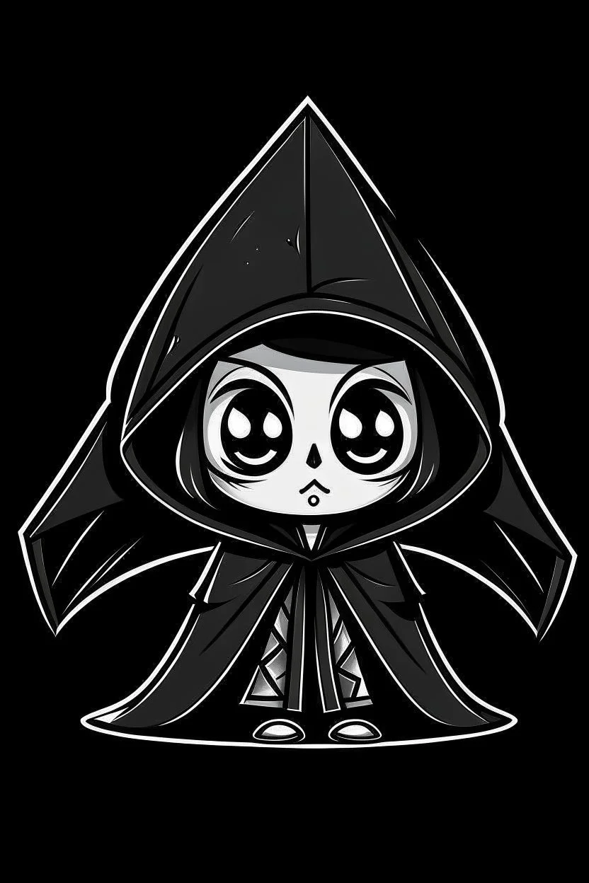 chibi skeleton in a black hooded cloak drawn in a retro mascot cartoon style, inside a light diamond shape on a black background, monochromatic