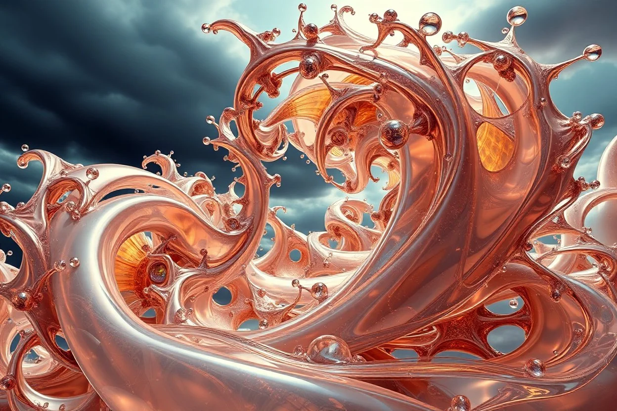 Dynamic complex hypnotic fractal 3D with horizontal Symmetry structures twisting and morphing between organic and geometric forms, smooth translucent iridescent glass with inner glow and bubbles, varied transparent materials, stormy skies, intense dramatic