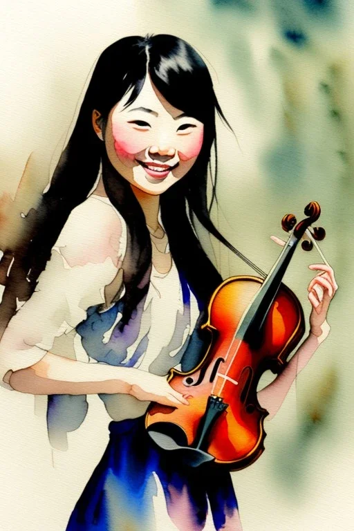 A cute smiling asian girl is holding a violin. Watercolour