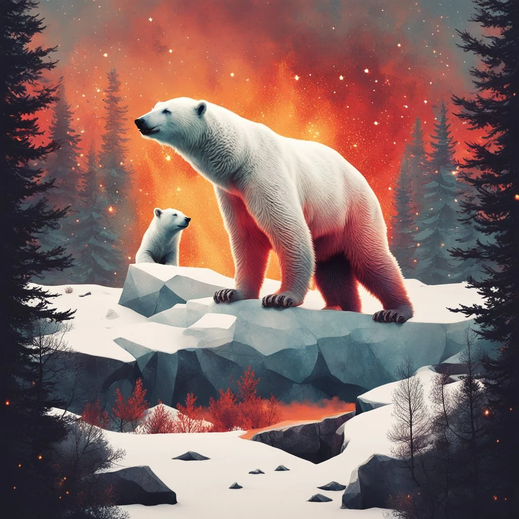 Double exposure. Polar Bear. Sunrise over burning forests. Colorful with lots of crimson and gold. Stars. Crystals. Light particles. Artistic and Beautiful. Andreas Lie. Luke Gram. Brandon Kidwell, Dan Mountford. Trending on Artstation. Sharp focus. Vibrant. Dark and moody