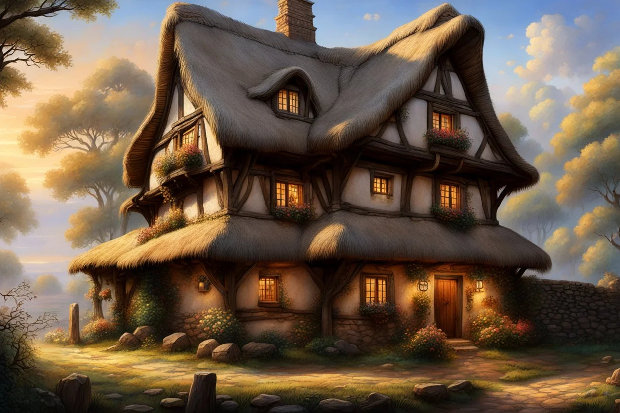 An image depicting a picturesque, richly detailed traditional thatched house with a rustic charm, similar to the work of masters such as Josephine Wall or Tomasz Alen Kopera. The house should have a warm white facade with visible texture, perhaps reminiscent of a plaster finish, and a thick straw-colored thatched roof with signs of natural weathering, as well as a couple of distinctive, textured chimneys with red tiles and white tops. The house should feature small, symmetrical windows with a cl