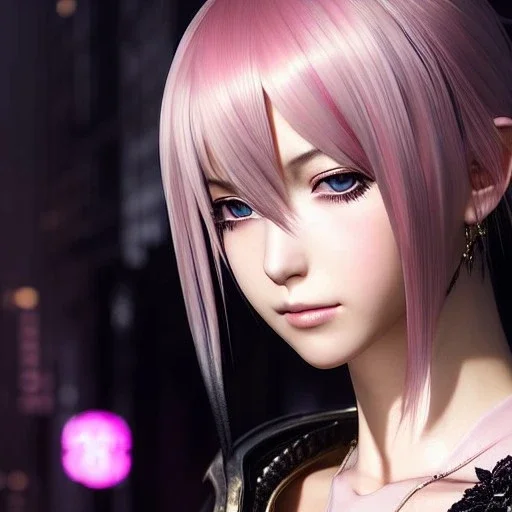 Detailed girl, woman, pink hair, yorha 2b hairstyle, au'ra final fantasy, scaled horns coming out the side of the head, intricate details, full body portrait, keep head in frame, slight smile, black Japanese motif, concept art, highly detailed, digital painting, concept art, A very cute girl full body,wearing a short skirt, au'ra scales