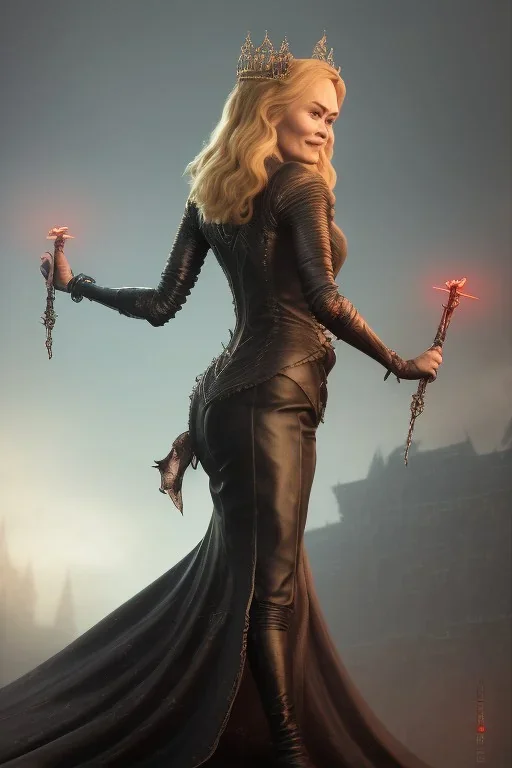 Cersei Lannister as evil queen in black leather, busty, cleavage, curvy, lena headay, angry, stern look. character design by cory loftis, fenghua zhong, ryohei hase, ismail inceoglu and ruan jia. unreal engine 5, artistic lighting, highly detailed, photorealistic, fantasy