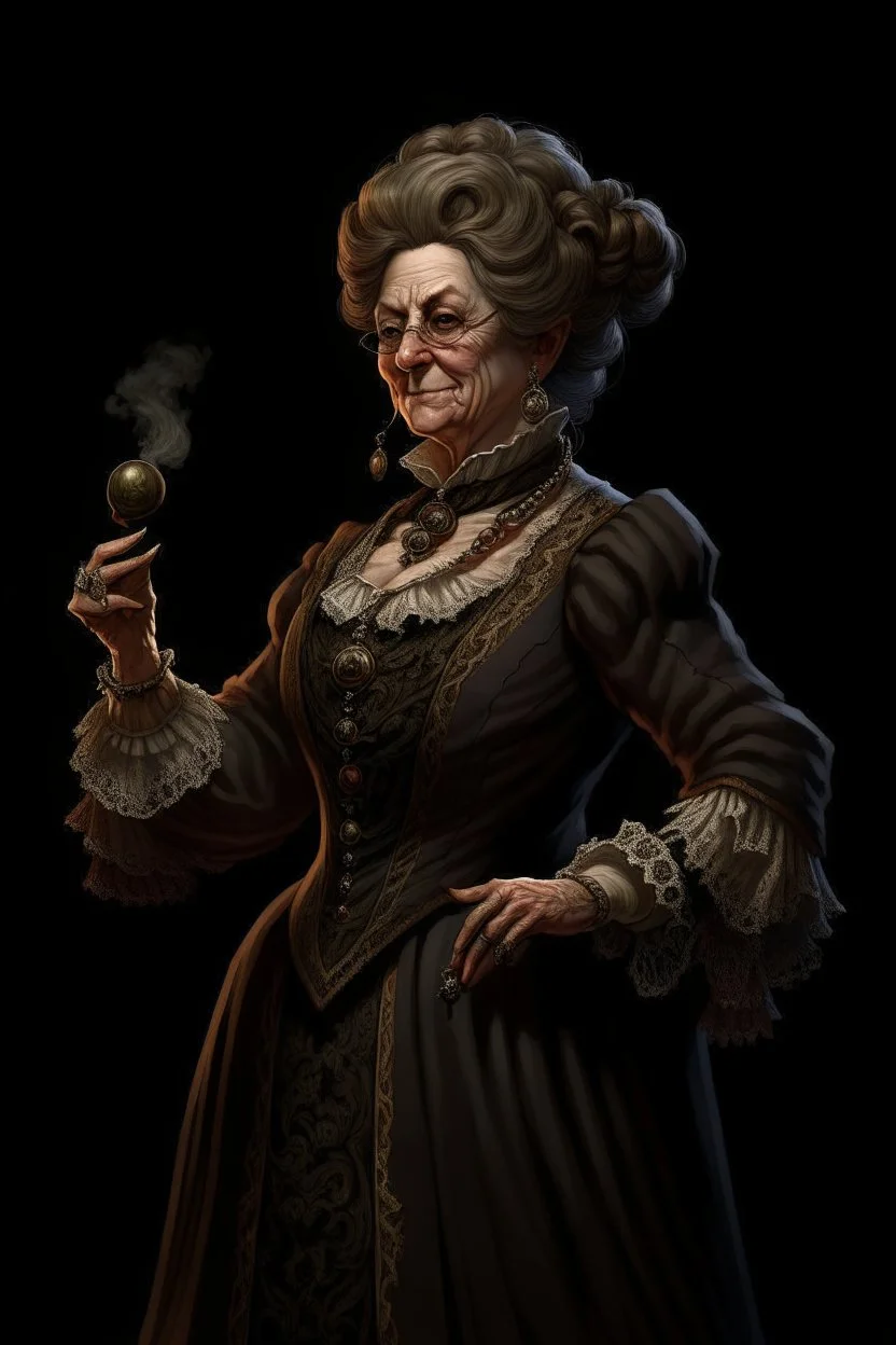 Step back in time to the Victorian era and meet the most formidable aunt you'll ever encounter. Her stern demeanor is softened by her warm heart, and her posh British accent adds an air of refinement to her already high born mage features. This D&D character is brought to life in stunning detail with full body visible against a solid black background, making for a truly captivating image.