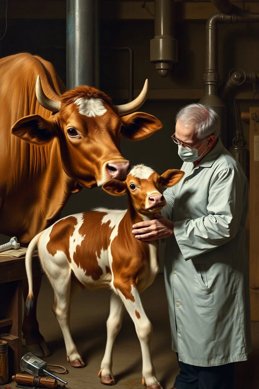 stan kidnapping young calf while medicating old cow, inside science factory, painted by Rembrandt