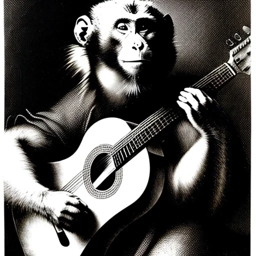 pen and ink drawing by albrecht durer of a monkey playing a guitar, 6 strings