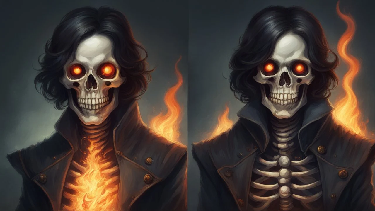 Скелет, волосы черноволосый, левый глаз горит пламя (как зрачок. ).Правая глазница — просто пустая тёмная впадина.), одежда губернатора