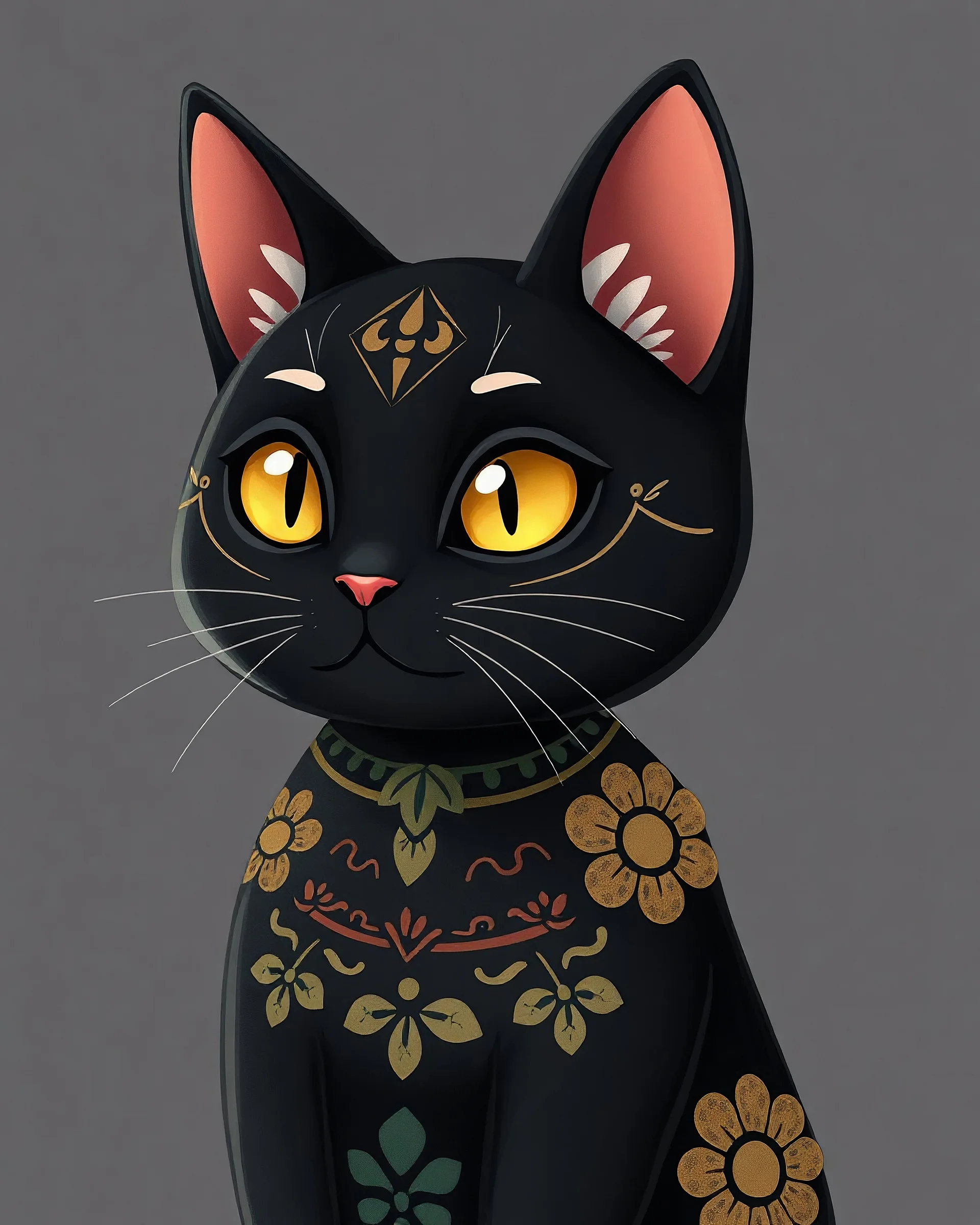 a black cat, animation illustrative style, totem 2, upper body divided in decorative patterns, avatar, cold colour temperture, app, avoid duplicate images, character close-up, tissue ornament, an anthro cat, cat bunny, feline, without text, alphonse, flat paint