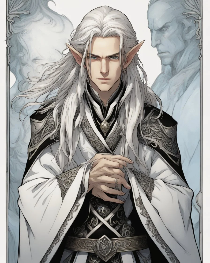 a young High Elf frost Wizard with long wiry hair, wearing a black trimmed white nobleman's robe and frost ornaments on clothes, with a small weasel on his shoulder
