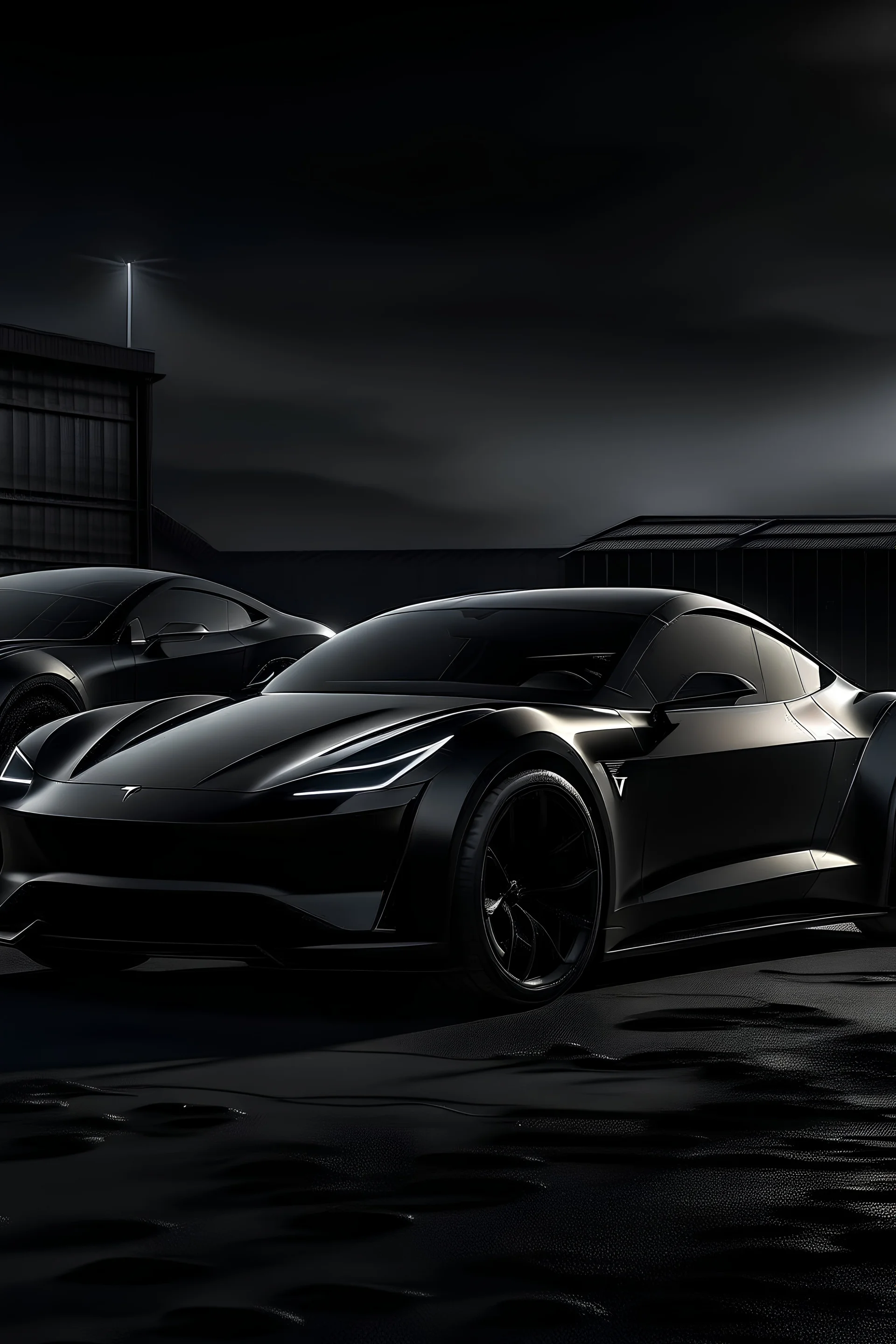 A black shiny Tesla Roadster next to a black shiny Tesla Cybertruck in a dark theme pose with an epic background