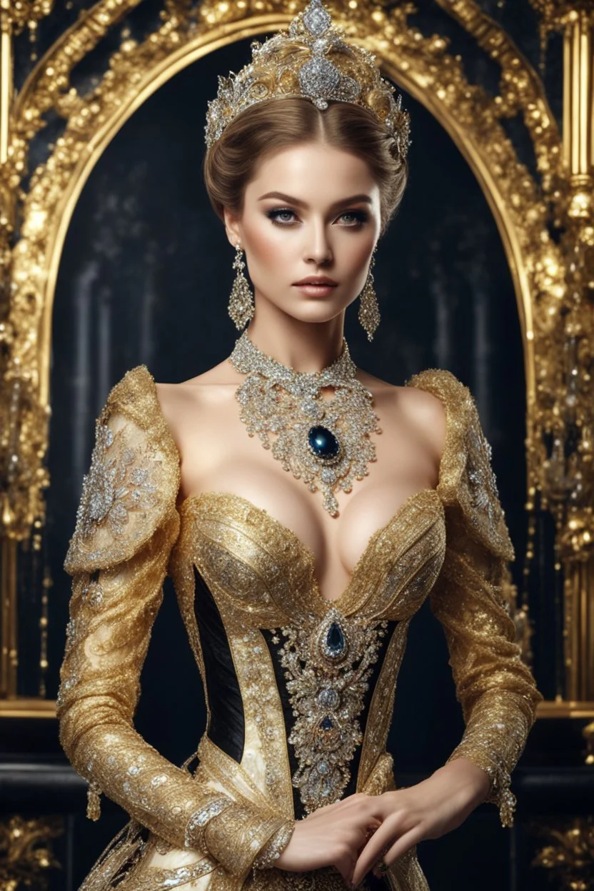 Front view 3.4 body shoot gorgeous Realistic Photography beautiful super model Russian,using dress Victorian Party Luxury diamonds ornaments patterns,golden shine and black combined,realistic beautiful woman hyper detailed,Royal Club Luxury background