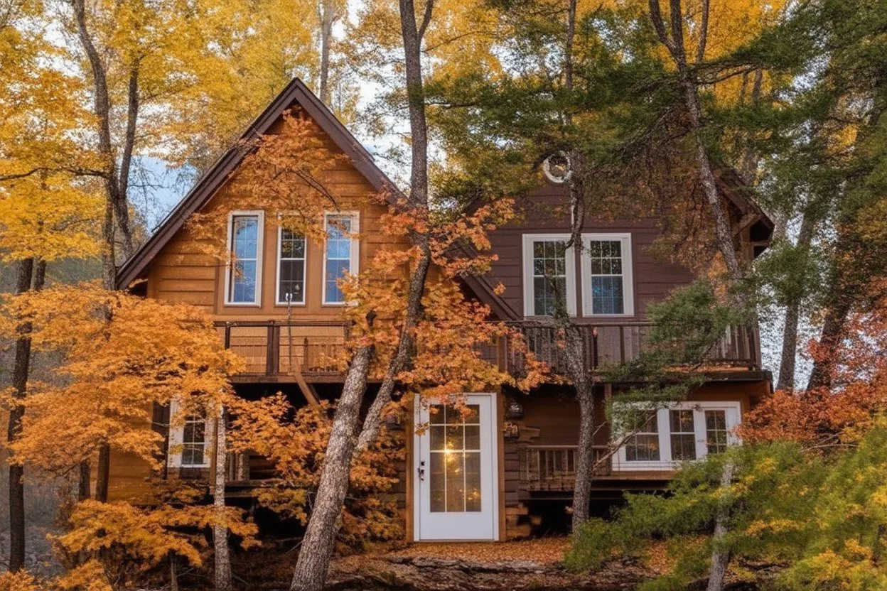 Cabin in the woods, autumn colors, lake with crystal clear water, mountains bokeh background, serenity.