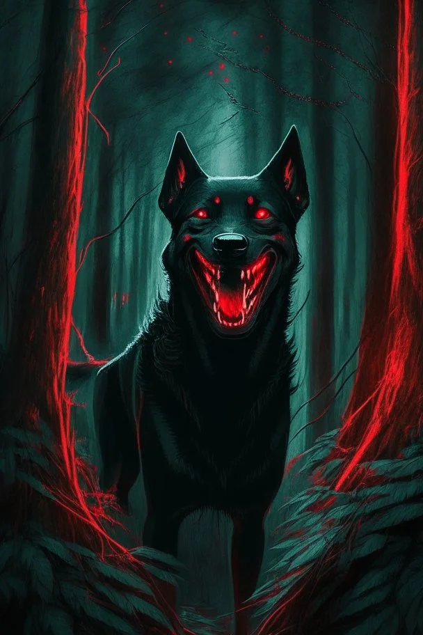 in the style of William Adolphe Bouguereau, a monstrous black hound with red, glowing eyes and sharp teeth, a wicked grin in a dark forest