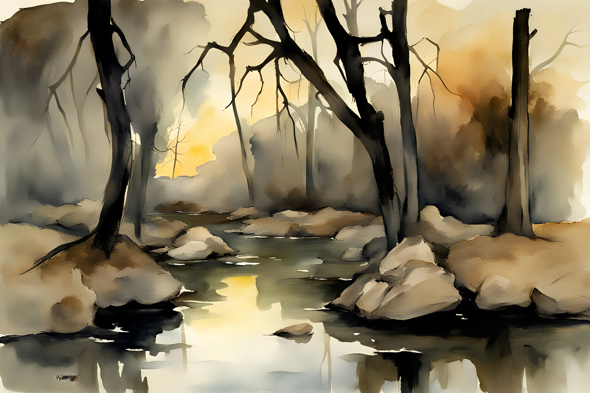 night, rocks, pond, mountains, gothic horror movies influence, dry trees, john singer sargent watercolor paintings