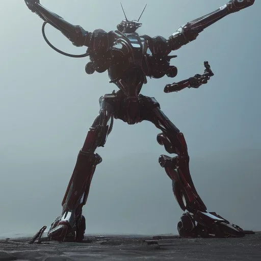 Mecha with metal spider legs his hands are machine guns. Driver is animal