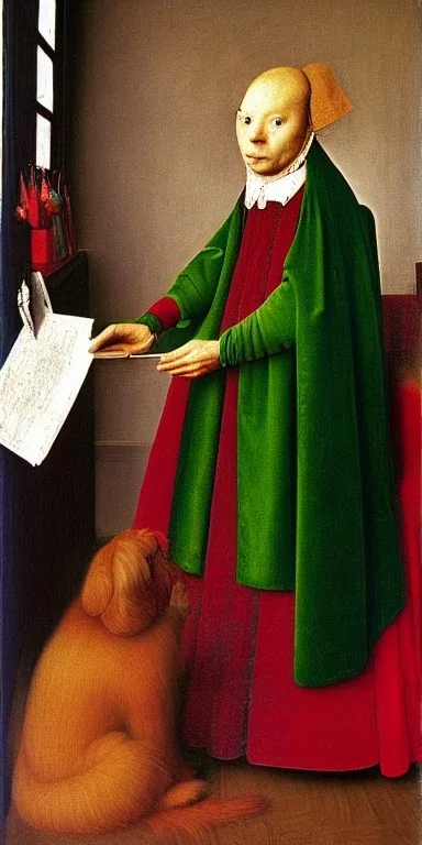 A dog in Jan Van Eyck style painting